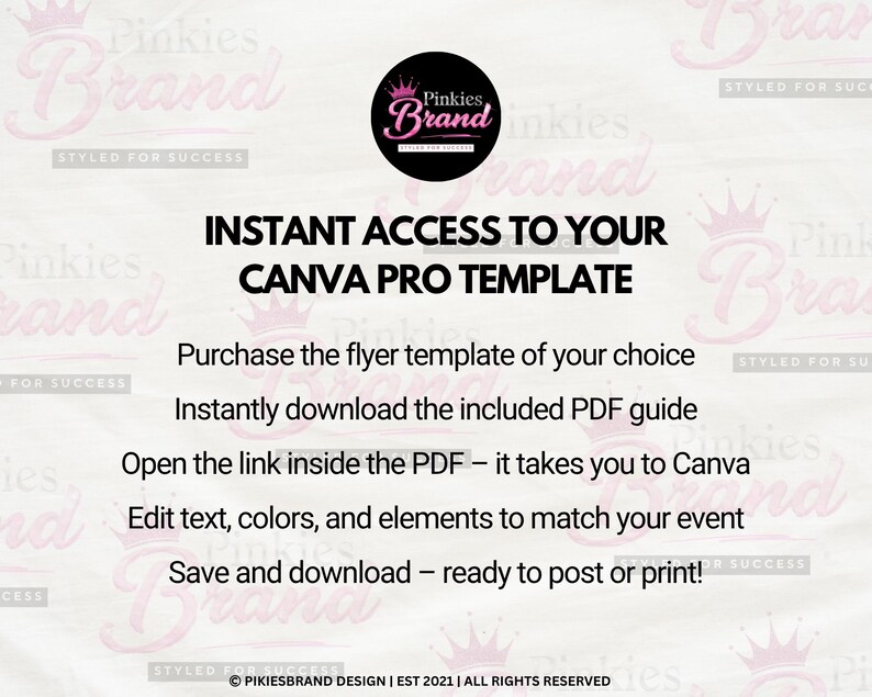 May include: A digital flyer with the text "INSTANT ACCESS TO YOUR CANVA PRO TEMPLATE". Instructions include purchasing a template, downloading a PDF guide, opening a Canva link, editing, and saving. The Pinkies Brand logo is at the top.