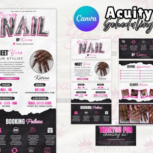 May include: A promotional graphic for a nail salon, featuring the text "Luxury Nail by Katrina" in pink and silver. The design includes business cards, a banner, and a thank you card, all with a black and pink colour scheme. The banner includes contact information and booking policies.