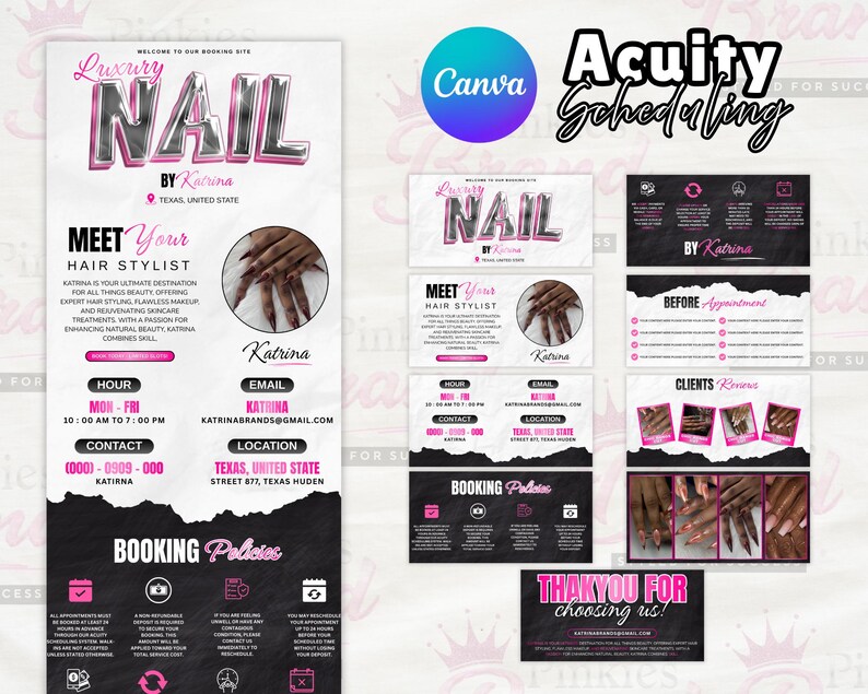 May include: A promotional graphic for a nail salon, featuring the text "Luxury Nail by Katrina" in pink and silver. The design includes business cards, a banner, and a thank you card, all with a black and pink colour scheme. The banner includes contact information and booking policies.