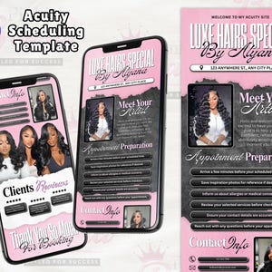 May include: A digital Acuity Scheduling template for hair services featuring a pink and black color scheme. The design includes sections for Luxe Hairs Special by Alyana, Meet Your Artist, Appointment Preparation, Client Reviews, and Contact Info.