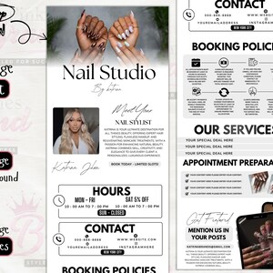 May include: Promotional flyer for a nail studio, featuring images of manicured hands and the nail stylist. The flyer includes contact details, booking policies, service information, and a call to action to book appointments.