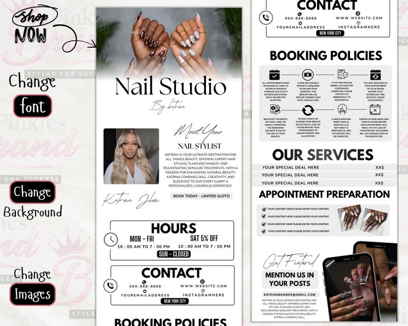 May include: Promotional flyer for a nail studio, featuring images of manicured hands and the nail stylist. The flyer includes contact details, booking policies, service information, and a call to action to book appointments.