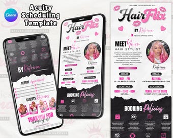 Può includere: Design del modello di pianificazione Acuity su tre smartphone. Il design presenta il testo "Hair Flix by Katrina" con informazioni di contatto, politiche di prenotazione e recensioni dei clienti. La combinazione di colori è nero, bianco e rosa.