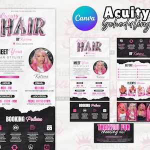 May include: A promotional graphic for a hair stylist, featuring the text "Luxury Hair by Katrina" in pink and silver. The design includes a photo of the stylist, contact information, and booking policies. The words "Acuity Scheduling" and "Canva" are also visible.