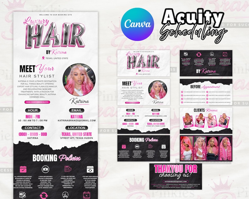 May include: A promotional graphic for a hair stylist, featuring the text "Luxury Hair by Katrina" in pink and silver. The design includes a photo of the stylist, contact information, and booking policies. The words "Acuity Scheduling" and "Canva" are also visible.