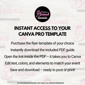 K&ouml;nnte beinhalten: Digitaler Flyer mit dem Text "INSTANT ACCESS TO YOUR CANVA PRO TEMPLATE". Anweisungen umfassen den Kauf einer Vorlage, das Herunterladen einer PDF-Anleitung, das &Ouml;ffnen eines Canva-Links, das Bearbeiten und Speichern. Das Pinkies Brand-Logo befindet sich oben.