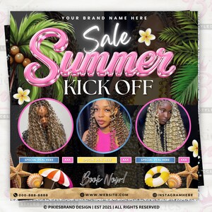 May include: A promotional graphic with the text "Sale Summer Kick Off" in pink, featuring three women with different hairstyles in circular frames. The design includes tropical elements like palm leaves, flowers, and beach-themed icons.
