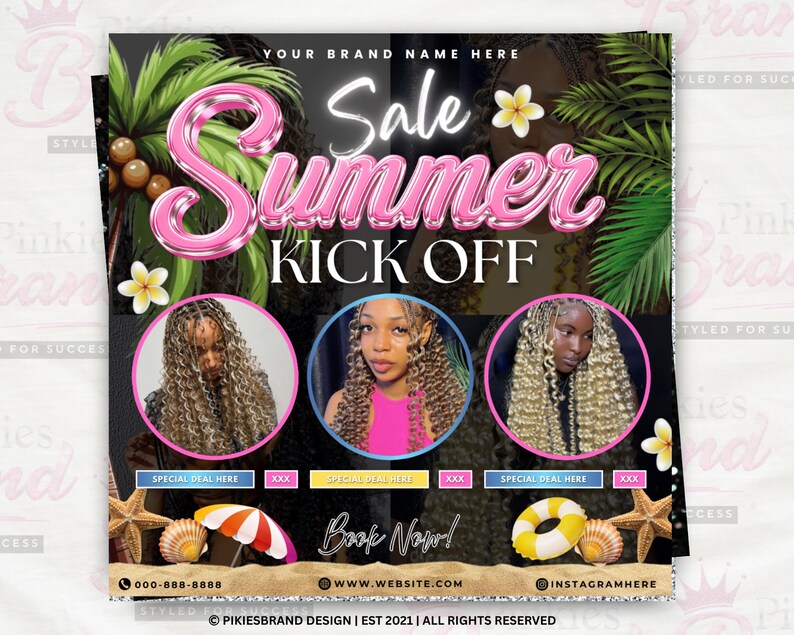 May include: A promotional graphic with the text "Sale Summer Kick Off" in pink, featuring three women with different hairstyles in circular frames. The design includes tropical elements like palm leaves, flowers, and beach-themed icons.