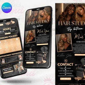 May include: A promotional graphic for a hair studio, displayed on three smartphones. The design features a black and gold colour scheme with images of women with styled hair, salon chairs, and contact information. Text includes "Hair Studio by Katrina" and service details.