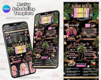 May include: Acuity Scheduling Template on a smartphone screen. The design features the text "Summer Handy Katrina Salon" with palm trees, starfish, and images of hair styling. Includes booking policies and business hours.