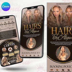 May include: Two smartphones and a vertical display panel showing a booking website for Hairs By Aliyana. The design features a beige and black color scheme with gold text, including the title Hairs By Aliyana, booking policies, and client photos.