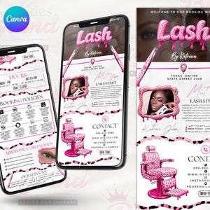 May include: A digital advertisement for a lash stylist, displayed on a smartphone. The design features a pink and white color scheme with the text "Lash by Katrina." The advertisement includes contact information and booking details.