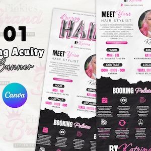 May include: A long, vertical banner with a pink and black design. The banner features the text "Luxury Hair by Katrina" and "Meet Your Hair Stylist." It includes contact information, booking policies, and a Canva logo.