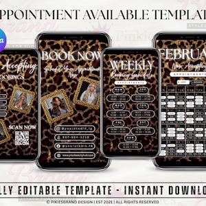 Plantilla de cita semanal disponible Historia de Instagram de uñas Calendario semanal de reservas de pestañas Calendario de disponibilidad mensual Estampado de guepardo