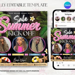 May include: A promotional graphic with the text "Sale Summer Kick Off" in pink, featuring images of women with various hairstyles. The design includes palm leaves, flowers, and beach-themed elements. The graphic is displayed on a phone screen.