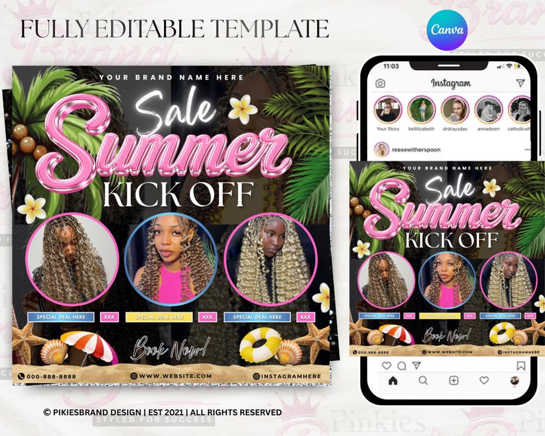 May include: A promotional graphic with the text "Sale Summer Kick Off" in pink, featuring images of women with various hairstyles. The design includes palm leaves, flowers, and beach-themed elements. The graphic is displayed on a phone screen.