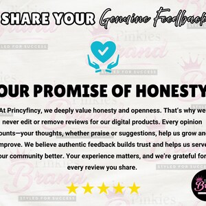 Op de afbeelding: Afbeelding met tekst: "SHARE YOUR Genuine Feedback" en "OUR PROMISE OF HONESTY." Bevat een hartpictogram en sterrenbeoordelingen. De tekst benadrukt eerlijkheid in beoordelingen en waardeert feedback van klanten.