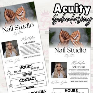 May include: A promotional flyer for a nail studio, with the text "Nail Studio" and "Acuity Scheduling." The flyer includes images of manicured hands, a headshot of a nail stylist, and contact details. The design is predominantly black and white.