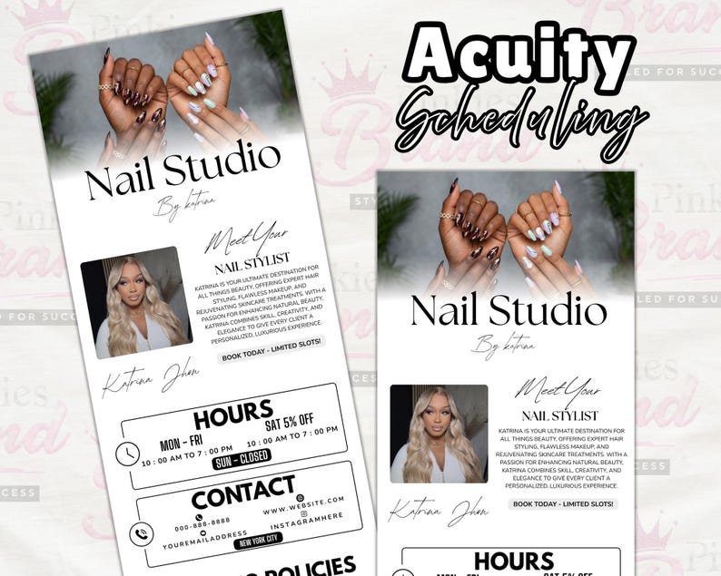 May include: A promotional flyer for a nail studio, with the text "Nail Studio" and "Acuity Scheduling." The flyer includes images of manicured hands, a headshot of a nail stylist, and contact details. The design is predominantly black and white.