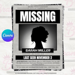 Peut inclure: Une affiche de personne disparue pour Sarah Miller, 26 ans, vue pour la dernière fois le 2 novembre. Le document présente une silhouette noire, le texte Metro Police Division City of Oakridge et une description physique incluant taille et poids.