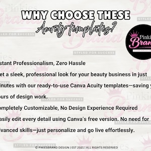 May include: A promotional graphic with the text "WHY CHOOSE THESE Acuity templates?" and bullet points describing the benefits. A circular logo with a pink crown and the words "Pinkies Brand" is in the upper right corner. The background is a light pink floral design.