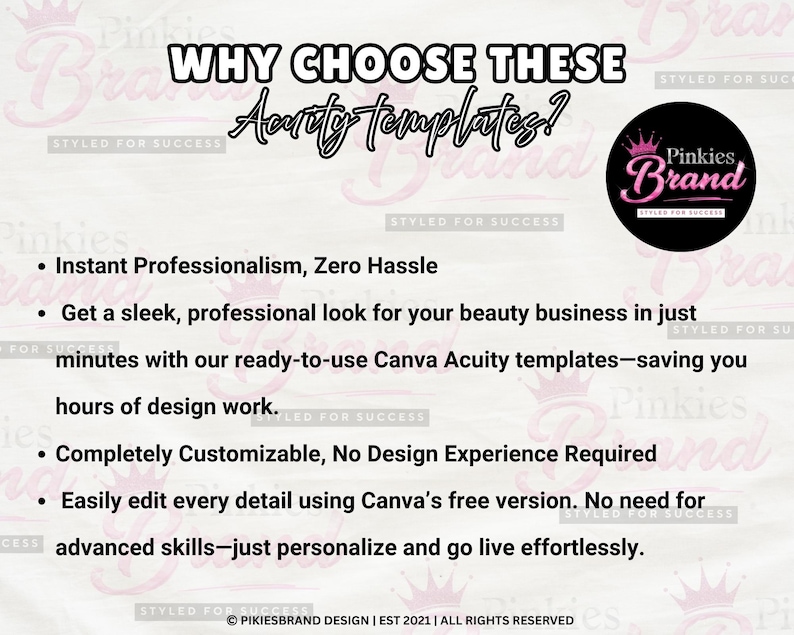 May include: A promotional graphic with the text "WHY CHOOSE THESE Acuity templates?" and bullet points describing the benefits. A circular logo with a pink crown and the words "Pinkies Brand" is in the upper right corner. The background is a light pink floral design.