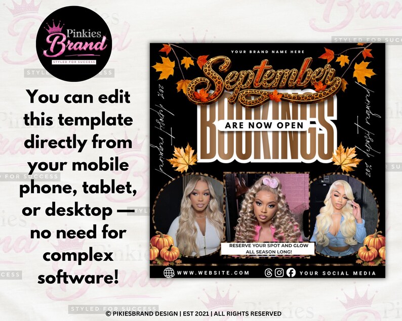 K&ouml;nnte beinhalten: Eine digitale Marketingvorlage mit dem Text September BOOKINGS ARE NOW OPEN, verziert mit herbstlichen Ahornbl&auml;ttern und Leopardenmuster-Akzenten. Sie enth&auml;lt drei kreisf&ouml;rmige Fotorahmen, K&uuml;rbisgrafiken und Platzhalter f&uuml;r Website- und Social-Media-Links.