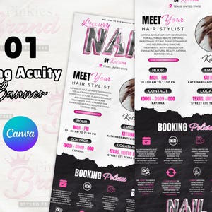 May include: A long, vertical banner in pink and black, advertising a hair stylist. The banner includes the text "Luxury Nails by Katrina," contact details, and booking policies. A Canva logo is also present.
