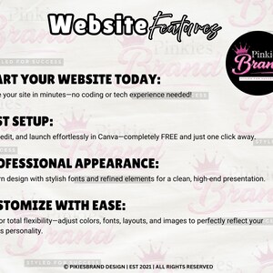 May include: A pink and white graphic advertising website features. Text includes "Start Your Website Today," "Fast Setup," "Professional Appearance," and "Customise With Ease." A circular logo with "Pinkies Brand" is also visible.