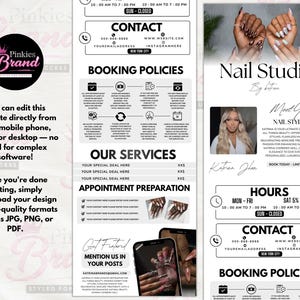 May include: A promotional flyer for a nail studio, with a pink and black design. The flyer includes contact details, booking policies, service information, and a call to action to book appointments. The design is editable on mobile, tablet, or desktop.