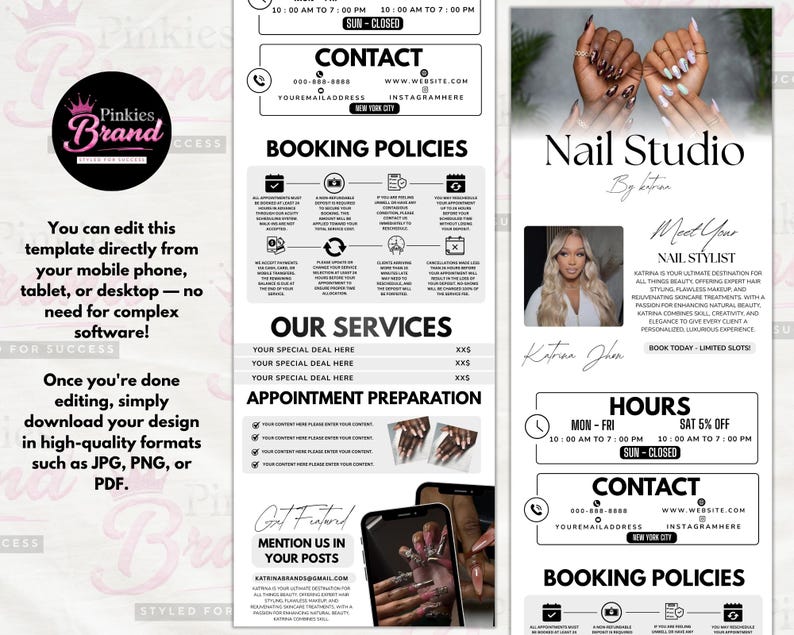May include: A promotional flyer for a nail studio, with a pink and black design. The flyer includes contact details, booking policies, service information, and a call to action to book appointments. The design is editable on mobile, tablet, or desktop.