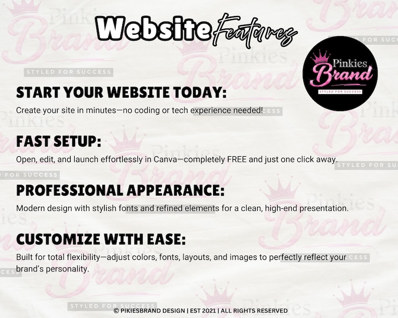 Op de afbeelding: Een roze en witte afbeelding met de tekst "Website Features". De tekst benadrukt functies zoals snelle installatie, professionele uitstraling en eenvoudige aanpassing. Een cirkelvormig logo met de tekst "Pinkies Brand" is ook zichtbaar.