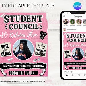 K&ouml;nnte beinhalten: Ein rosa Studentenratsplakat und ein Telefon, das das gleiche Design anzeigt. Das Plakat zeigt den Text "Student Council" und "Katrina Thon" mit einem Foto eines Studenten. Zus&auml;tzlicher Text enth&auml;lt "Vote for Class" und "President 2026".