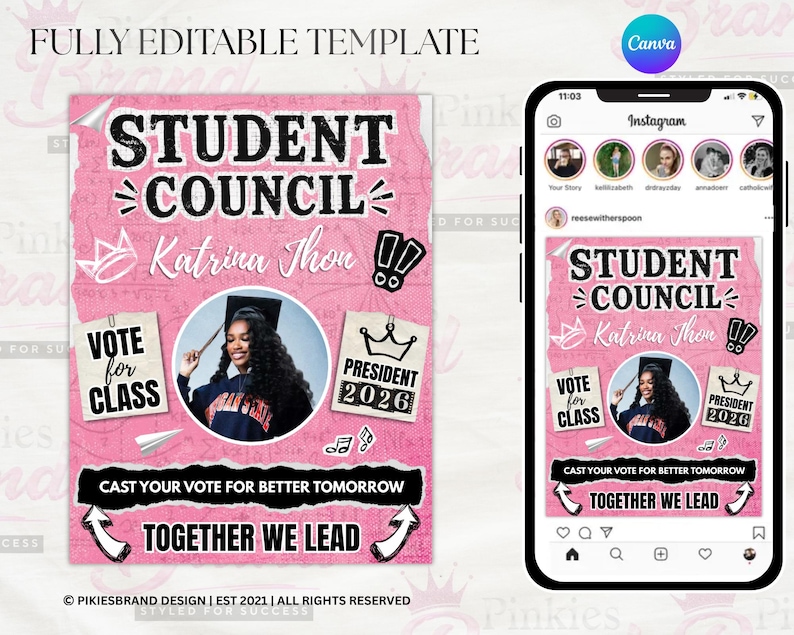 K&ouml;nnte beinhalten: Ein rosa Studentenratsplakat und ein Telefon, das das gleiche Design anzeigt. Das Plakat zeigt den Text "Student Council" und "Katrina Thon" mit einem Foto eines Studenten. Zus&auml;tzlicher Text enth&auml;lt "Vote for Class" und "President 2026".
