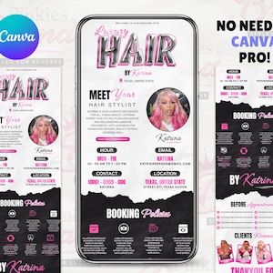 May include: A digital advertisement for a hair stylist, displayed on a smartphone. The design features the text "Luxury Hair by Katrina" in a metallic pink font. The ad includes a photo of the stylist and booking information.