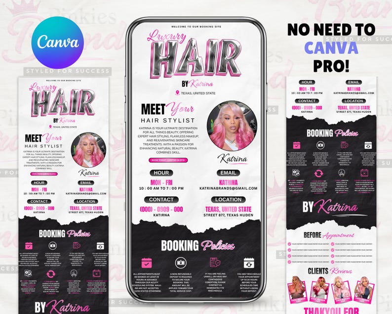 May include: A digital advertisement for a hair stylist, displayed on a smartphone. The design features the text "Luxury Hair by Katrina" in a metallic pink font. The ad includes a photo of the stylist and booking information.