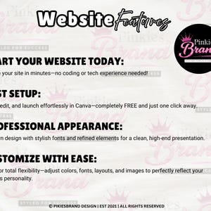May include: A pink and white graphic with the text "Website Features." The text highlights features like fast setup, professional appearance, and easy customization. A circular logo with the words "Pinkies Brand" is also visible.