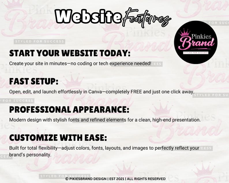 May include: A pink and white graphic with the text "Website Features." The text highlights features like fast setup, professional appearance, and easy customization. A circular logo with the words "Pinkies Brand" is also visible.