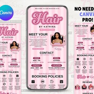 Op de afbeelding: Roze digitale display met "Hair by Katrina" en contactgegevens. Het ontwerp bevat een foto van een vrouw en details over boekingsvoorwaarden en services. Het Canva-logo is zichtbaar.