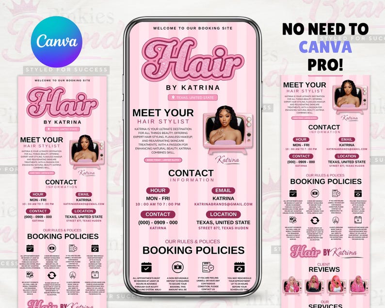 Op de afbeelding: Roze digitale display met "Hair by Katrina" en contactgegevens. Het ontwerp bevat een foto van een vrouw en details over boekingsvoorwaarden en services. Het Canva-logo is zichtbaar.