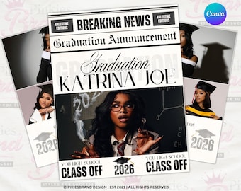 May include: A graduation announcement with the headline "Breaking News" and the text "Graduation Katrina Joe." The design includes photos of a graduate wearing a cap and gown, with the text "Class Off 2026."
