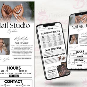 May include: Promotional graphic for a nail studio, featuring a woman's portrait and images of manicured hands. The design includes the text "Nail Studio by Katrina," service details, and contact information.
