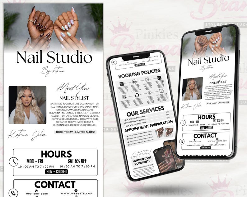 May include: Promotional graphic for a nail studio, featuring a woman's portrait and images of manicured hands. The design includes the text "Nail Studio by Katrina," service details, and contact information.