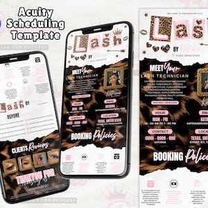May include: Acuity scheduling template displayed on three smartphones. The design features a leopard print background, pink accents, and the text "Lash by Katrina." The template includes booking information and client reviews.