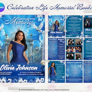 May include: A blue-themed memorial booklet template titled Celebration Life Memorial Booklet featuring a portrait of a person in a blue dress, white doves, and ornate gates. The design includes sections for tributes, acknowledgments, and order of service.