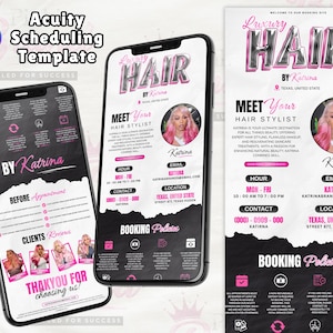 Peut inclure: Conception de modèle de planification Acuity avec un schéma de couleurs rose et noir. La conception comprend le texte "Luxury Hair by Katrina" et des informations sur la coiffeuse, y compris les coordonnées et les politiques de réservation. Affiché sur trois smartphones.