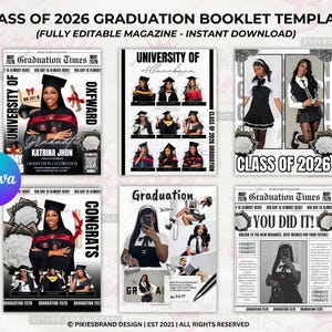 May include: A digital graduation booklet template with a magazine layout. The design features photos of graduates, text that reads "Class of 2026," and the Canva logo. The template is fully editable and available for instant download.