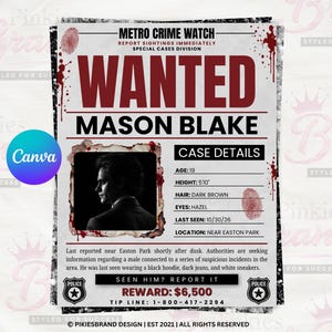 May include: A wanted poster for Mason Blake featuring a black and white profile photograph, red blood splatter accents, and fingerprint graphics. The text includes case details, a reward of $6,500, and a tip line phone number on a white background.