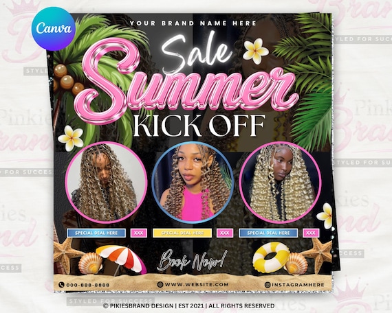 Summer Braid Flyer – Editable Canva Template for Hair Braids, Nails, Lashes, Wigs & Deals, Instant Download Summer Sale Flyer