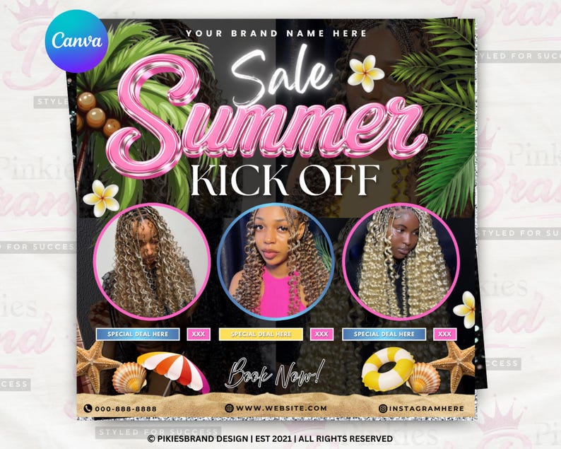 Summer Braid Flyer – Editable Canva Template for Hair Braids, Nails, Lashes, Wigs & Deals, Instant Download Summer Sale Flyer